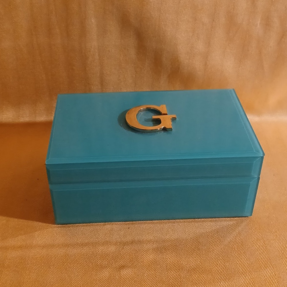 Blue Glass Jewelry/Trinket Box Gold Tone Monogram 'G' Un-used